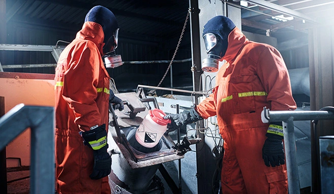 Two employees in orange protective suits place small containers into the high-temperature incinerator.